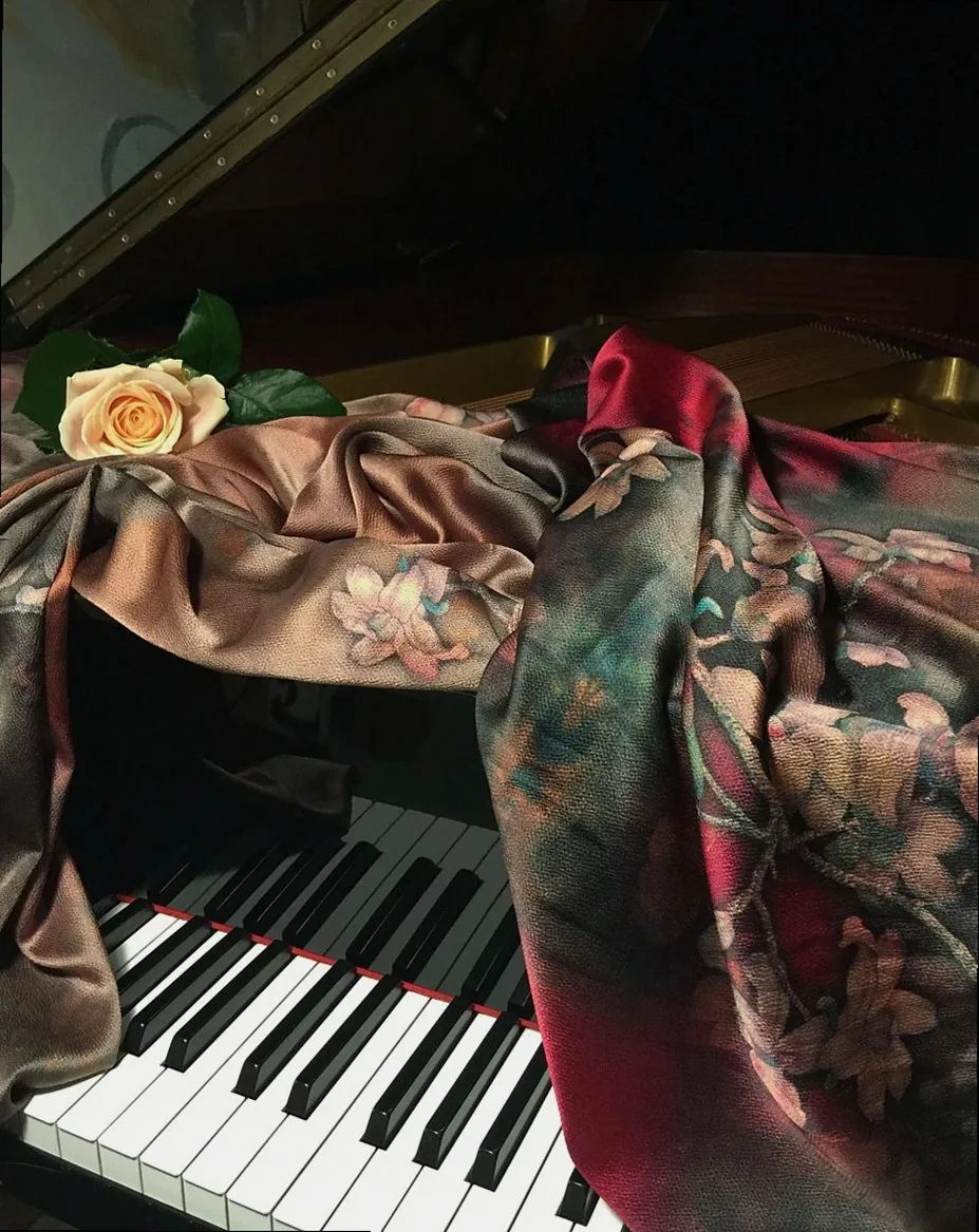 piano, silk, rose flower, fabric, rose, blossoms, keys, musical instrument, chinese silk, sewing, still life
